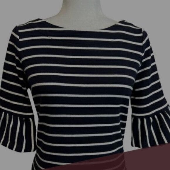 TALBOTS navy/white nautical stripe trumpet sleeve 100% cotton knit dress size 12 - Picture 3 of 11